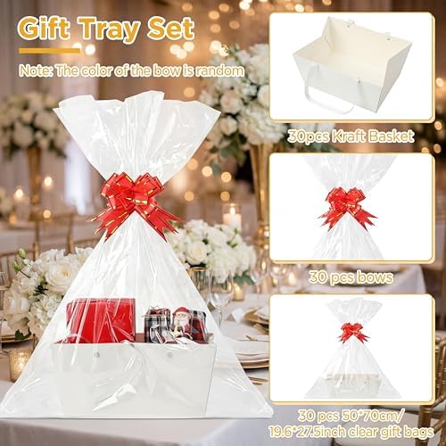 Tuanse 30 Pcs Basket for Gift Empty DIY Bulk Gift Basket Kit with Handle Kraft Cardboard Tray with 30 Bag 30 Bow Market Tray for Wedding Party, White, 9.8 x 6.5 x 4.3 in - Image 3