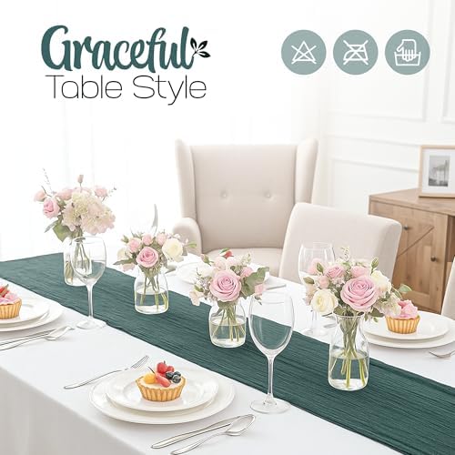 12 Pack Emerald Green Cheesecloth Table Runners 10FT Long – 35 x 120 Inch Boho Gauze Table Runners for Engagement, Wedding, Baby Shower & Home Decor – Soft Wrinkled Polyester Fabric - Image 4