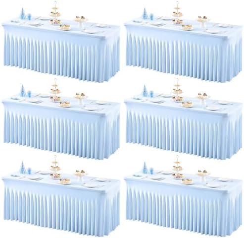 6 Packs Baby Blue Table Clothes for 6 Foot Rectangle Tables, One-Piece Wrinkle Resistant Stretch Spandex Table Covers with Skirt for Event Banquet Wedding Birthday Party by PartyTalk