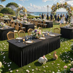 Black Table Cloth for 8 Foot Rectangle Tables Fitted Stretch Spandex Table Cover with Skirt 8ft Baby Shower Birthday Party Banquet Ruffle Tablecloth Wedding Table Cloths Desk Skirt, 2 Pack - Image 2