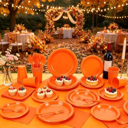 Orange Plastic Plates for Party,30 Guest Disposable Orange Party Supplies Including Dinner&Dessert Plate,12oz Cups,Cutlery,Napkins & Tablecloth Dinnerware Decorations for Birthday Fall Parties Wedding - Image 5