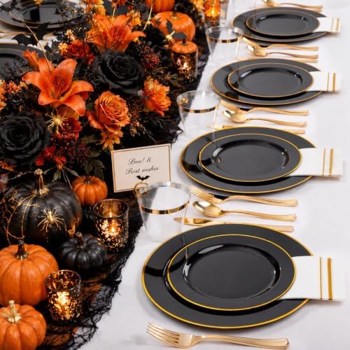 SUT 350-Piece Black and Gold Disposable Plates - Elegant Plastic Dinnerware for 50 Guests, Includes Cups & Napkins | Durable Leak-Proof Design for Weddings, Birthdays, Holidays - Image 4