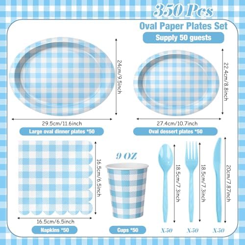 Pajean 350 Pcs Gingham Paper Plates and Napkins, Blue White - Image 3