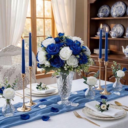 Geosar 24 Bundles Artificial Peonies Flowers,Royal Blue,White - Image 4