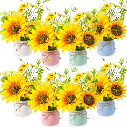 Zeyune Artificial Sunflower Potted Plants Rustic Wedding Table Centerpieces Summer Spring Kitchen Silk Yellow Flower with Plastic Pot for Home Bathroom Office Bridal Shower(8 Pcs,4 Colors,Sunflower) by Zeyune