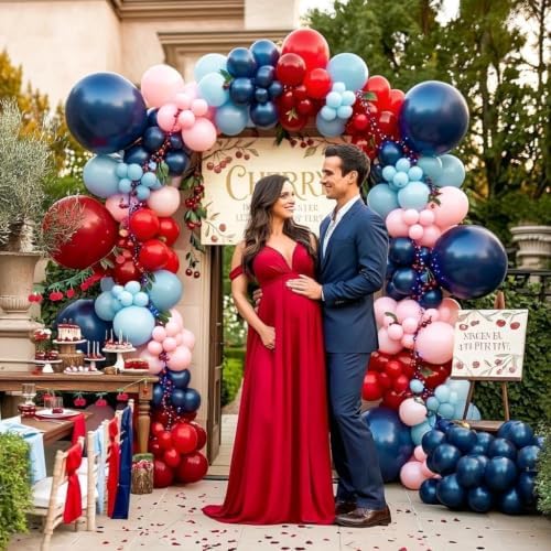 Red Blue Pink Balloon Garland Double Stuffed Dark Navy Blue Red Cherry Balloon Arch Kit for Graduation 4th of July Birthday Baby Shower Bridal Wedding Party Decorations - Image 6