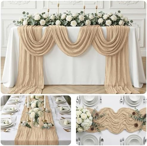 20 Pack Beige 17 x 108 Inch Cheesecloth Table Runner - Boho Gauze Sheer Fabric for Wedding Baby Shower Party Home Decor - Image 7