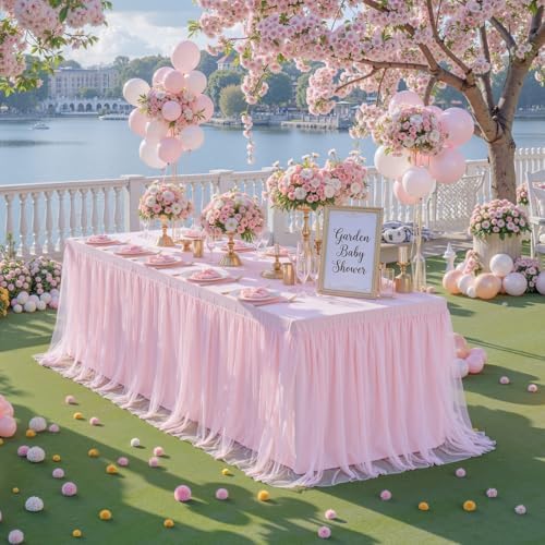 2 Pack Pink Tablecloth Rectangle 6ft Elastic Fitted Tulle Table Cloth Stretch Spandex Rectangular Table Cover with Ruffle Skirt for Wedding Baby Shower Birthday Party Banquet Cake Dessert Table Decor - Image 2