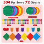 Kochorie 504 Pcs Rainbow Party Supplies Set, Colorful Disposable Paper Tableware Set 7 inch & 9 inch Plates Cups Napkins Cutlery for Birthday Baby Shower Rainbow Neon Party Decorations, Serve 72 - Image 2