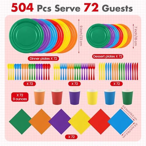 Kochorie 504 Pcs Rainbow Party Supplies Set, Colorful Disposable Paper Tableware Set 7 inch & 9 inch Plates Cups Napkins Cutlery for Birthday Baby Shower Rainbow Neon Party Decorations, Serve 72 - Image 2