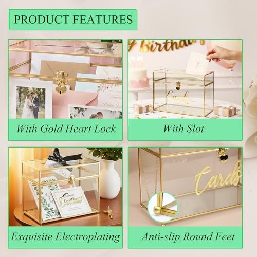 Wedding Card Box with Heart Lock, Large Metal Glass Card Box with Gold Frame for Party Reception, Wedding, Baby Showers, Birthdays, Bridal, or Graduation, 12.6×5.9×9 Inches - Image 3