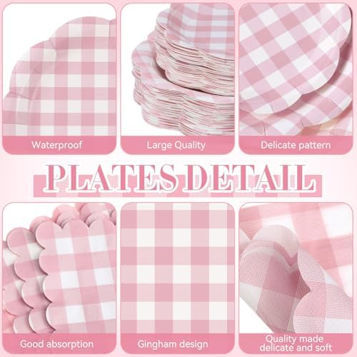 Funnymoom 452 Pcs Pink Gingham Party Decoration Supplies Serve 50 Guests - Image 2
