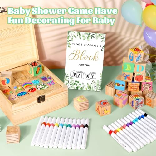 Baby Shower Blocks Game Set with Wooden Box, Acrylic Markers & Wooden Sign for Baby Shower Games, Gender Reveal & Decorations (GreenLeaves) - Image 3