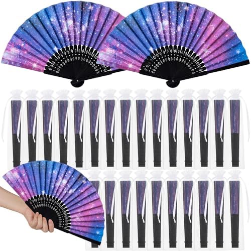 25 Pcs Galaxy Folding Paper Fans Bulk with Organza Bags by Memorywuu