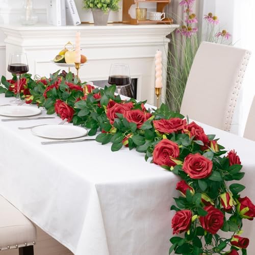 U'Artlines 3 Pack Artificial Red Rose Garlands Flower Vines 19.5 ft - Image 6