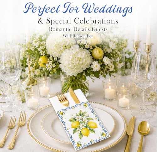 Italian Napkins,100 Pack Airlaid Paper Pocket Napkins,Lemon for Weddings - Image 2
