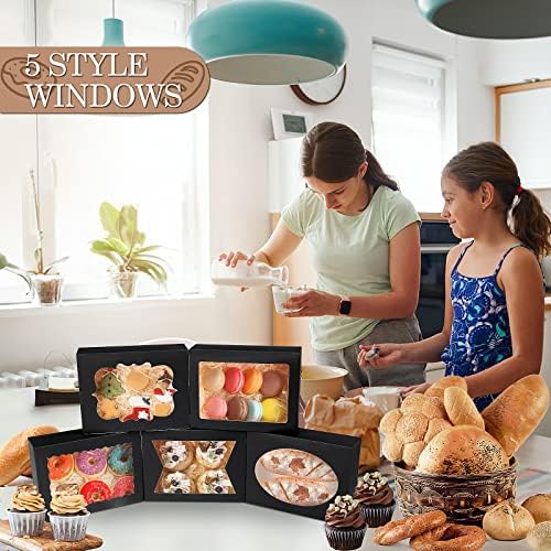 KPOSIYA 65 PCS 8x6x2.5 Inch Cookie Boxes with Window Black Bakery Boxes Pastry Boxes for Gift Giving, Treat, Dessert, Cupcakes, Chocolate, Strawberries, Donuts, Muffins (5 Style Windows) - Image 5