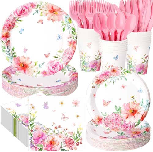400 Pcs Floral Disposable Paper Plates Napkins and Cups Serves 50 Spring Watercolor Pink Floral Tableware Set for Wedding Tea Party Decoration Bridal Shower Baby Shower Mother's Day by Sunnychicc