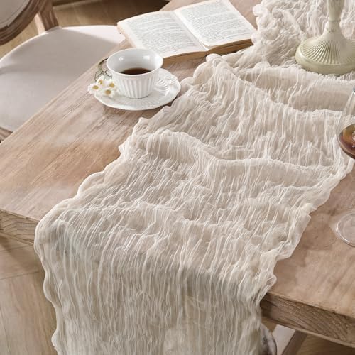 12 Pack Cream White Cheesecloth Table Runners, 120 Inch 10Ft Ivory Gauze Table Runner for Wedding Birthday Party Baby Shower Decorations - Image 3