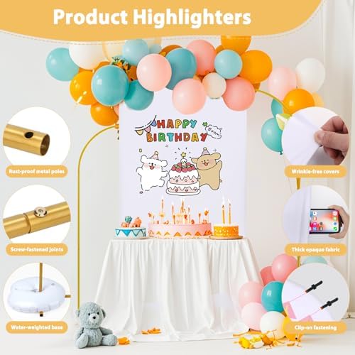 Arch Backdrop Stand and Cover Set of 3, 7.2ft 6.6ft 6ft Metal Arch Backdrop Stand with Spandex White Back Drop Covers Balloon Arch Kits, Gold Arch Stand Frame for Wedding Birthday Party Baby Shower - Image 4