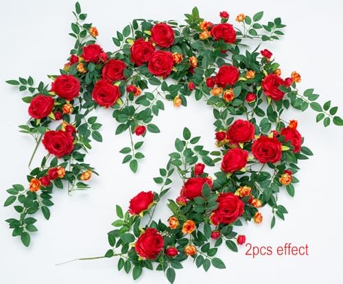 2 PCS 12FT Bendable Flower Garland, Fake Rose Vine for Home Decor,Red - Image 3