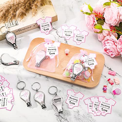 Wesiti 36 Sets Baby Shower Favor for Guests Girl Keychain with Nail Clipper and Bottle Opener Thank You Tag Card Organza Bag - Image 5