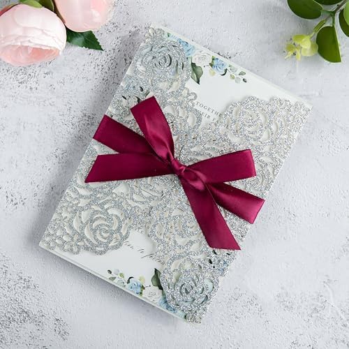 ponatia 25PCS Silver Glitter Wedding Invitations Cards Laser Cut Hollow Rose With Burgundy Ribbon For Bridal Shower Engagement Birthday Graduation Invite - Image 2