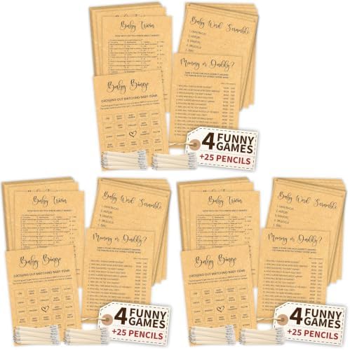 WOODAMORE Funny Baby Shower Games Gender Neutral - Baby Shower Bingo Game For Girl Boy, Trivia Word Scramble Games For Baby Shower Decorations (Pack of 3) by Woodamore