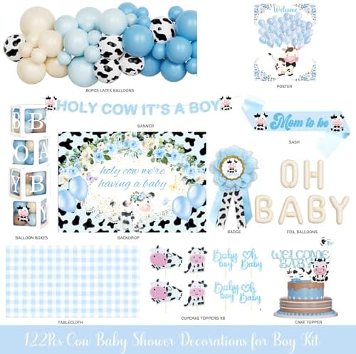 Costova Cow Baby Shower Decorations for Boys, Blue Cow Baby Shower Decorations, Holy Cow We Are Having a Baby Backdrop Balloon Box Tablecloth Sash Pin for Cow Print Baby Shower Gender Reveal - Image 2