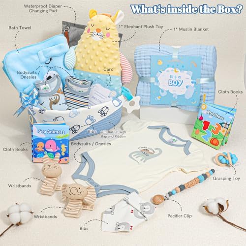 Baby Boy Gifts,Baby Shower Gifts for Boys,Large Baby Boy Gift Basket Set with Swaddle Rattle Toys,Essential Stuff,Gender Reveal Gifts for New Parents - Image 2