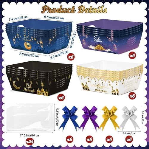 OSNIE Eid Mubarak Gift Bag Empty Baskets - 24 Sets Islamic Eid Gold Lantern and Moon Party Gift Baskets Empty with Cellophane Bags and Ribbons Bows for Festivals Holiday Business Carnival (4 Styles) - Image 2