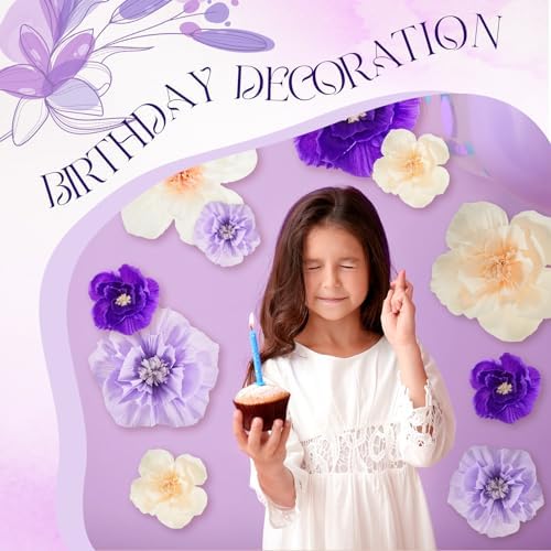 Cholemy 24 Pcs Tissue Paper Flowers, Crepe Paper Flowers Decorations 8" 10" 12" for Wedding Party Baby Bridal Shower Carnival Party Birthday Nursery Wall Decor (Purple,Light Purple,White,Beige) - Image 6