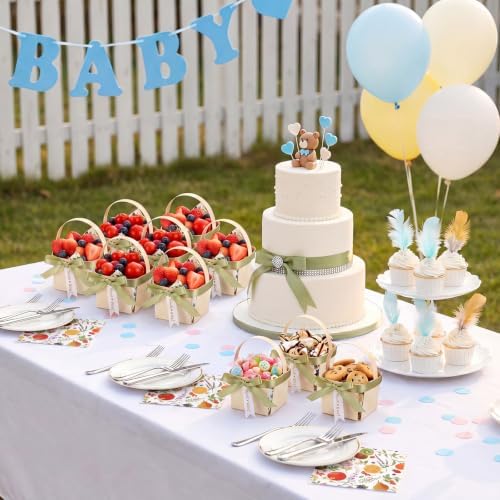 30 Pack Fruit Baskets Wood Small Picnic Berry Basket with Handle Mini Baskets for Gifts Sage Green Farmers Display Basket with Ribbon and Napkins for Camping (Fruit) - Image 6