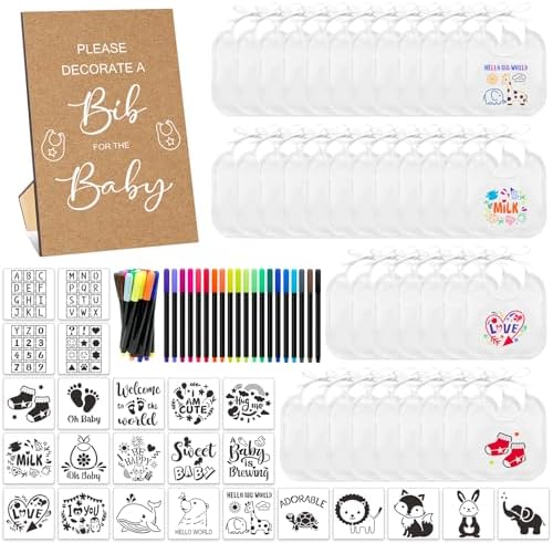 SytuHe 95 Pcs DIY Baby Bibs Decorating Kit50 White Bibs 24 Stencils 20 Fabric Markers 1 Baby Shower Game Sign by SytuHete