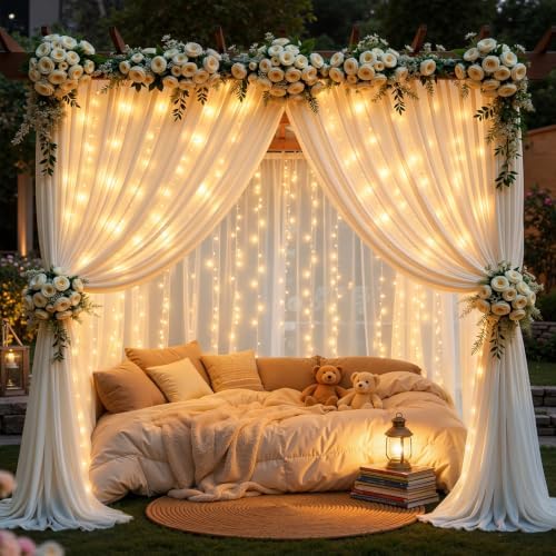 20ft x 10ft Cream White Chiffon Backdrop Curtain with Lights String for Parties,4 Panels Tulle Sheer Curtain Wedding Backdrop for Baby Shower Birthday Party Ceremony Reception Home Decorations - Image 5