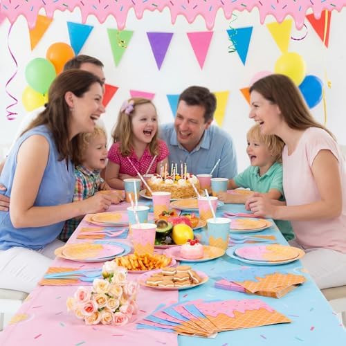 LemonRoad 452 Pcs Ice Cream Party Decorations for 50 Disposable Ice Cream Cone Tableware Set Paper Plate Cup Napkin Tablecloth Fork Straw Spoon Supplies for Birthday Sweet Summer Baby Shower Dinner - Image 6