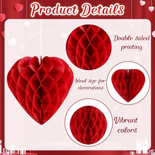 40Pcs Valentines Day Party Heart Decorations - Red Pink White Paper Honeycomb Hearts Balls Hanging, Valentine's Decor for Office, Birthday and Classroom - Image 5
