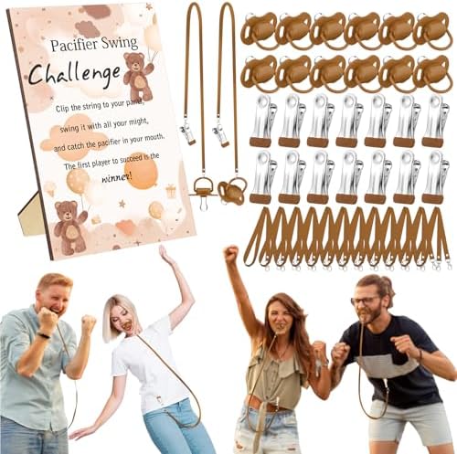 Geelin 12 Sets Swing Pacifier Baby Shower Games Funny Gender Reveal Games, Include 1 Wooden Sign and 12 Plastic Pacifiers for Bridal Baby Shower Gender Reveal Party Women Men(Bear,Brown) by Geelin