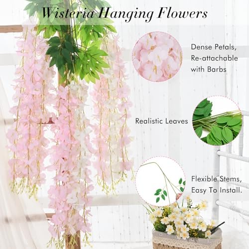 60 Pack White Pink Wisteria Hanging Flowers, Fake Hanging Flowers for Decoration, Artificial Flowers,Vines for Bedroom,Flower Garland for Home,Party,Garden, Wall,Wedding Decoration(3.6 Ft/Pcs) - Image 5