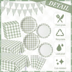 Sage Green 254 Pcs Gingham Plates Napkins Party Supplies for 50 - Image 2