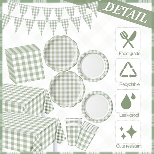 Sage Green 254 Pcs Gingham Plates Napkins Party Supplies for 50 - Image 2