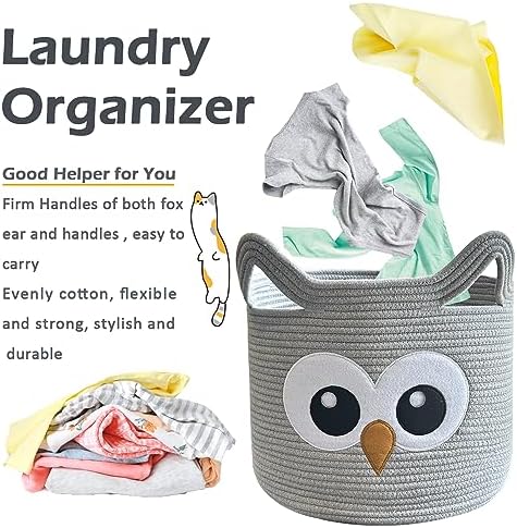 VK VK·LIVING Owl Storage Basket for Gift Foldable Cute Nursery Animal Toy Basket with Handles, Large Cotton Rope Baby Laundry Storage Organizer for Blanket Towels in Living Room Bedroom 15"Lx14"H - Image 5