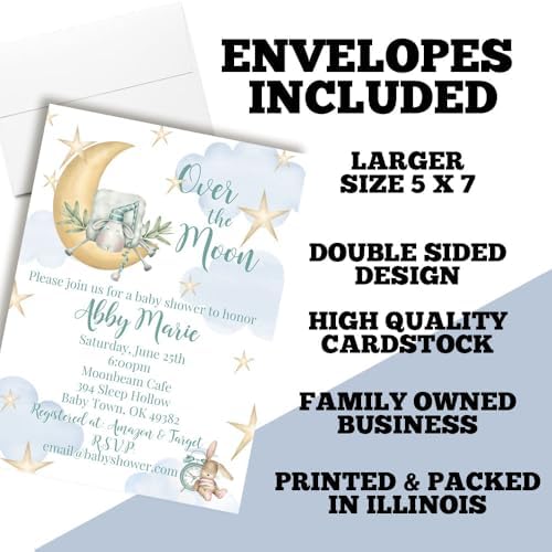 Custom Baby Shower Invites Over the Moon Invitations for Boys, Pack of 20 5x7 Personalized Sleepy Cloud & Stars Invites with Envelopes - Unique Watercolor Baby Shower Cards by AmandaCreation - Image 6