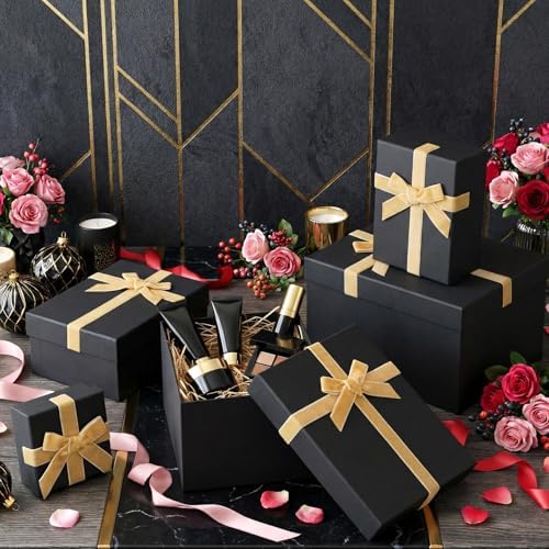 Cholemy 5 Pcs Christmas Nesting Gift Box with Lid Velvet Ribbon, Black Gold - Image 3