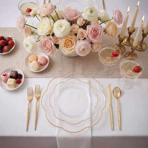 LIYH 150Pcs Gold Flower Clear Plastic Plates Silverware Set for Wedding - Image 3