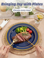 WDF Partyware 175PCS Blue and Gold Plastic Plates - Navy Blue Plates with Pre Rolled Napkins for Party - 25Guest Disposable Dinnerware Sets for Party/Birthday/Wedding - Image 2