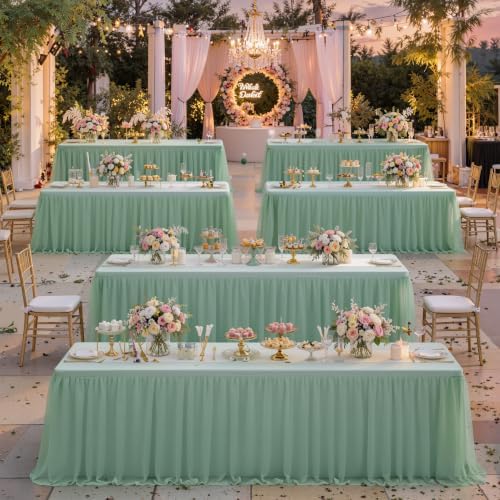 familus Sage Green Table Cloths 8 Foot Rectangle 2 Pack Stretch Ruffle Tulle Tablecloth Spandex Fitted Table Cover for 8 Foot Tulle Table Skirts for Party Wedding Table Cloths, Banquets - Image 7