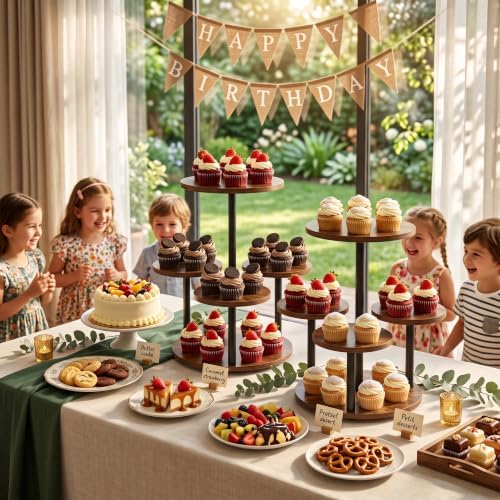 4 Tier Round Cupcake Tower Stand for 50 Cupcakes, 360° Rotating Wood Cake Stand with Tiered Trays, Farmhouse Cookie Stand for Dessert Table Display for Wedding Birthday Baby Shower Tea Party - Image 4