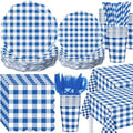 Funnymoom 452 Pcs Blue Gingham Party Supplies for 50, Dark Blue and White Gingham Checkered Paper Plates Napkins Cups Tablecloth Cutlery Straws for Birthday Family Picnic Barbecue Party Decoration by Funnymoom