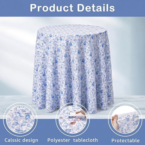 Oudain 2 Pcs Blue Floral Tablecloth, 70 Inch Round Washable Table Cover - Image 3